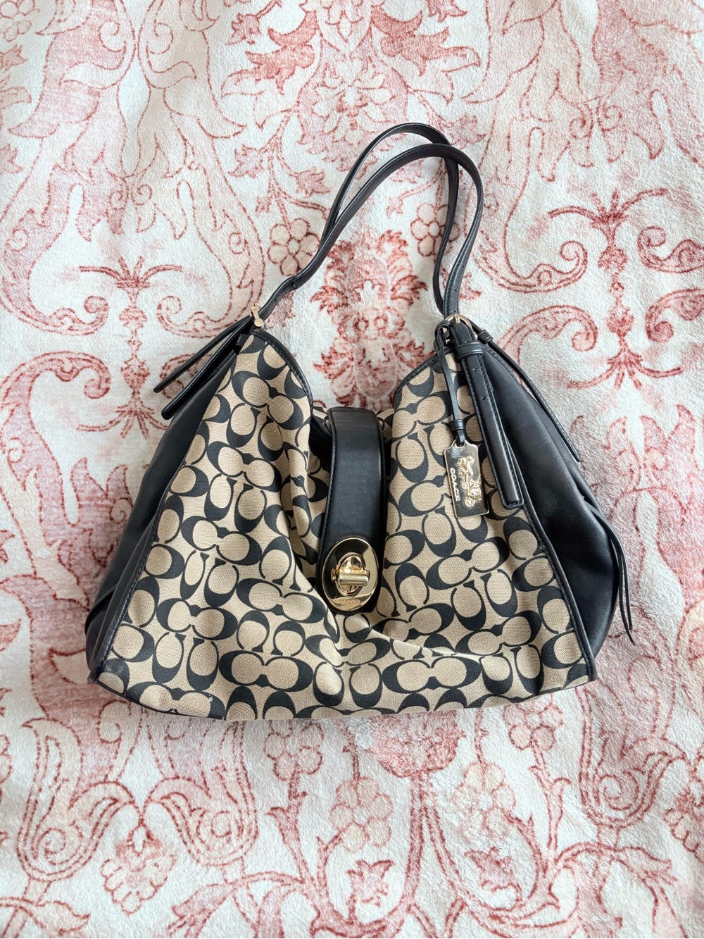 Coach Beige/Tan Signature Canvas Shoulder Bag with Black Leather Trim